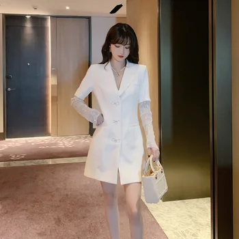 

2020 Autumn Elegant OL Office Dresses High End Women Notched Collar Mesh Patchwork Suit Dress Business Bodycon Midi Party Dress