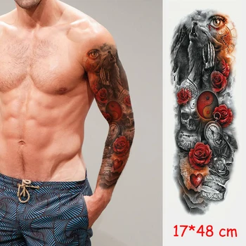 

Waterproof Temporary Tattoo Sticker wolf skull eye rose flower clock heart full arm fake tatto flash tatoo tattoos to men women