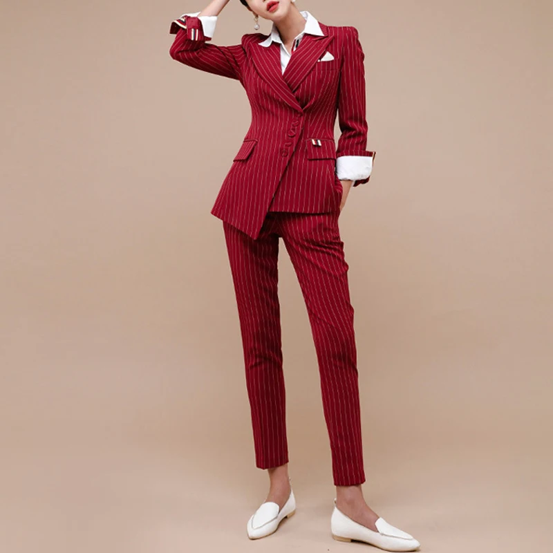 

Work Pant Suits OL 2 Piece Sets Single Breasted Striped Blazer Jacket & Zipper Trousers Suit For Women Set Feminino Spring