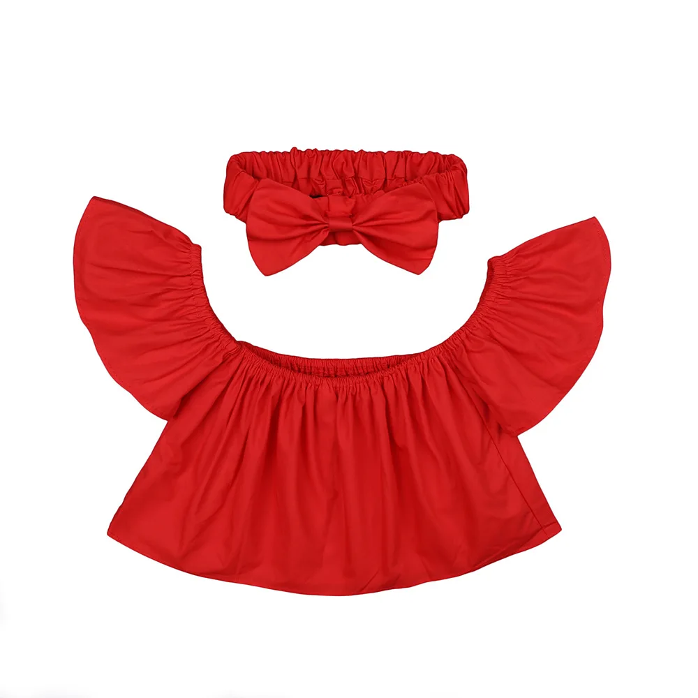 Baby Girl Off Shoulder Tee Solid Color Tshirts Newborn Headbands Summer Tops Cotton Children T-Shirt Clothes Toddler T Shirt
