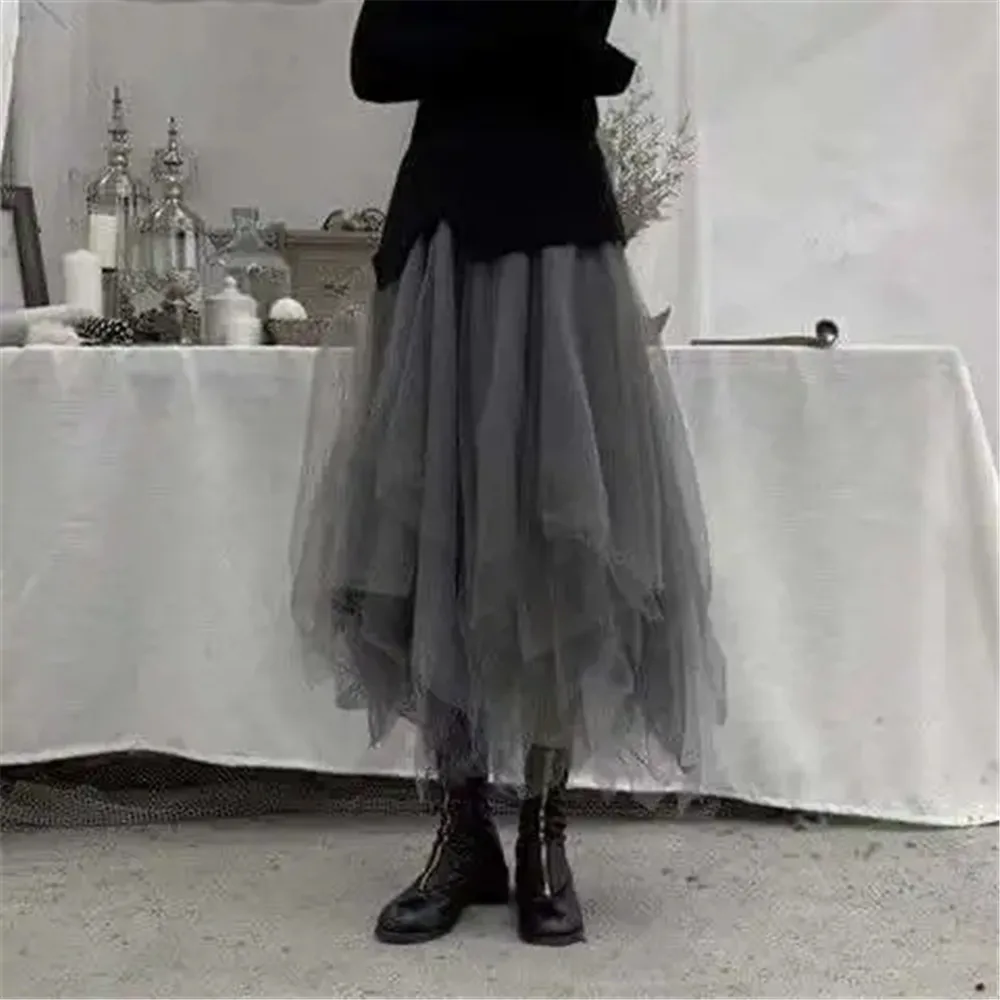 Gothic Gray Tulle Long Irregular Pleated Skirts Elastic High Waist A