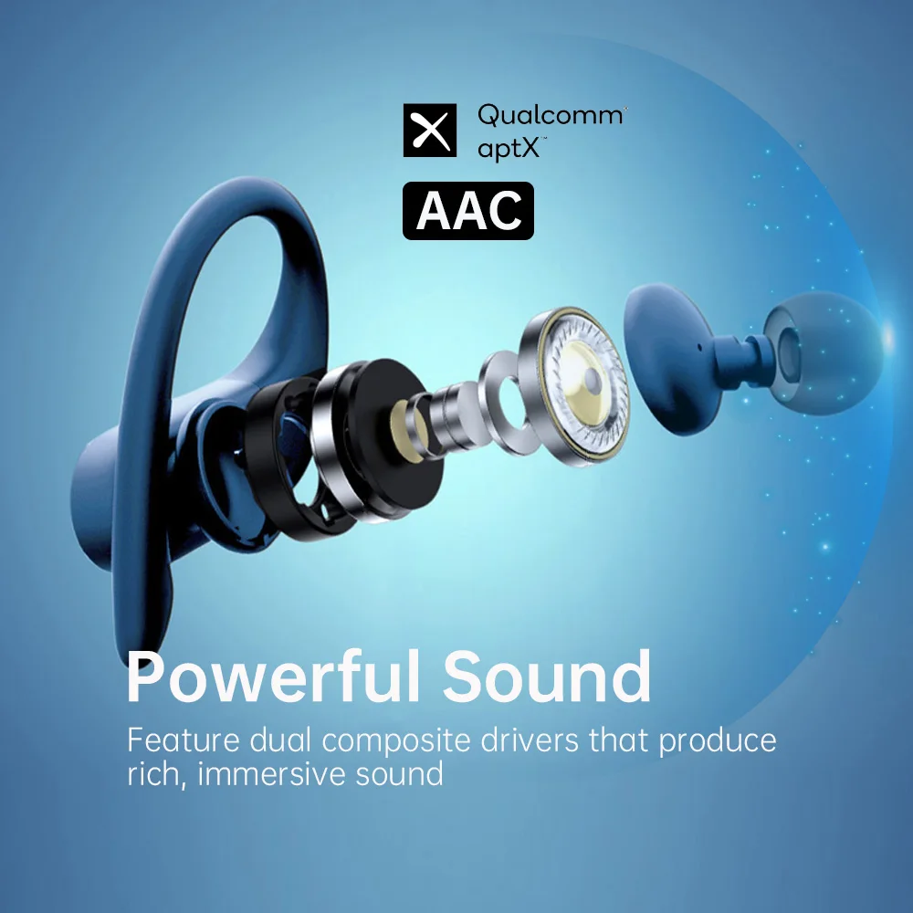 Arikasen True Wireless Earbuds TWS Over-Ear Hooks Bluetooth Stereo Wireless Earphones Super Bass Touch Control IPX7 Waterproof