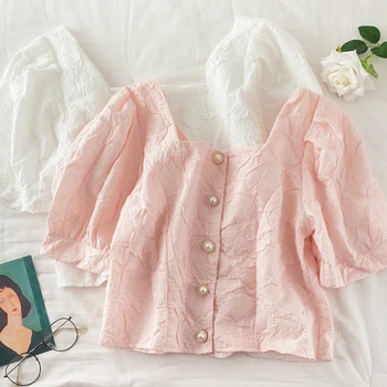 

vintage summer new design women shirts 2020 summer square collar puff sleeved pleated short high waist female shirts outwear top