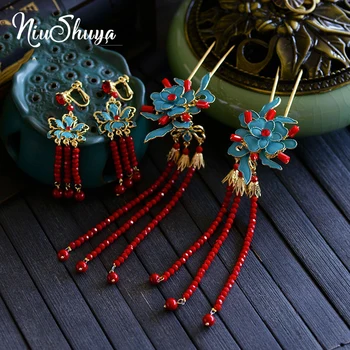 

NiuShuya Retro Chinese Handmade Hairpin Blue Hanfu Headdress Hair Accessories Bride Wedding Costume Xiuhe Headdress Accessories