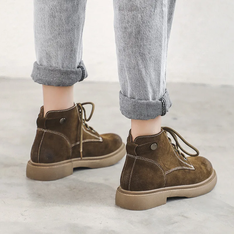 

Winter Flat Platform Boots Ankle Boots For Women Fashion Round Toe Lace-Up Suede Boots Female Ladies Shoes