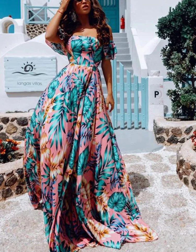

Summer Fashion Sweet Lady Women Boho Print Sexy Party Dance Holiday Off Shoulder Maxi Beach Sundress Party Maxi Long Dress