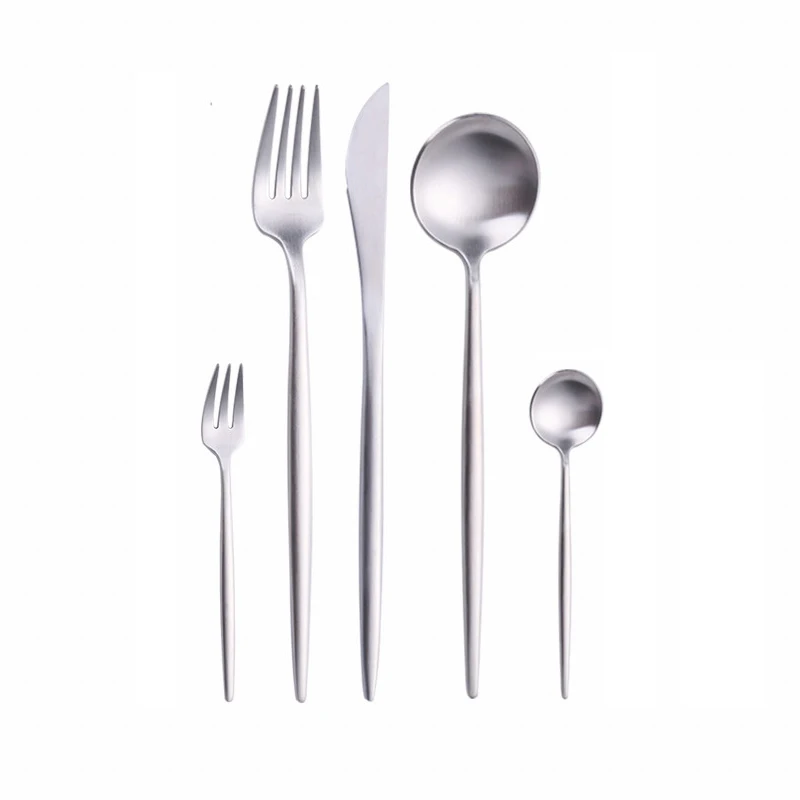 

5Pcs Silver Matte Cutlery Set Salad Fork Dinner Spoon Butter Knife Teaspoon Chopsticks Set 18/10 Stainless Steel Tableware Set