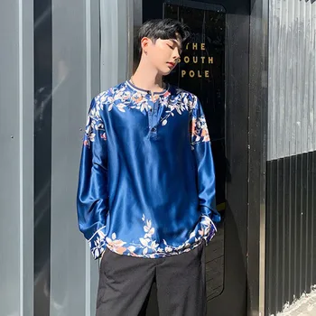 

Moda masculina cetim estilo imprimir solto casual manga comprida pulôver camisas masculino vestido de festa camisas palco mostra