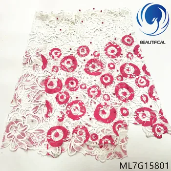 

BEAUTIFICAL nigerian lace fabrics Wholesale water soluble lace with beads for clothes chemical lace fabric 5yards/lot ML7G158