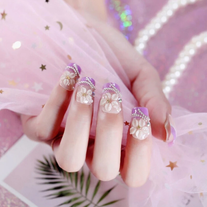 24pcs Light Purple Color False Nails Natural Flower Carved Fake Nails Long Size Girls Fashion Nail Art Tips With Glue