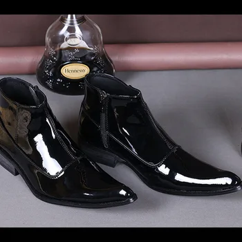 

Martin Boots Zipper Short Boots Men's Casual Breathable Men's Shoes Patent Cow Leather Tide Ayakkabi New Ankle Pointed Toe Zip