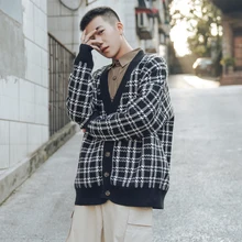Клетчатый кардиган мужской модный ретро повседневный вязаный свитер с v-образным вырезом куртка мужской свободный свитер с длинными рукавами пальто мужская одежда