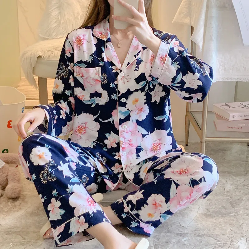 Navy Blue Print Flower Viscose Pajamas Set Women Long Sleeve Trouser