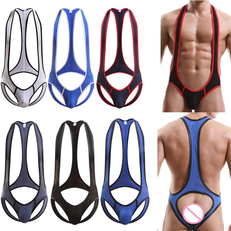 

Mens Undershirts Leotard Elastic Mesh Bodysuits Penis Pouch Underwear Wrestling Singlet Open Butt Jumpsuits Jock Strap One-piece