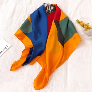 

90*90cm Fashion Shawls and Wraps Women Neckerchief Hijab Scarf Silk Head Scarves For Ladies Square Headband Scarfs Female Orange
