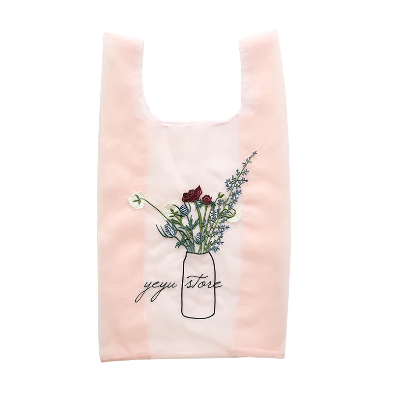 PGOLEGGY Original New Solid Color Totes Light Mesh Handbag Rose Embroidery Portable Shopping Bag Portable Elegant Girl Totes