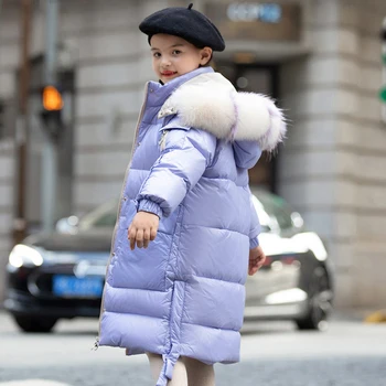 

IYEAL Children Winter Down Jacket Thicken Coats Girls Clothes Parka Colorful Fur Hooded Russian Kids Long Overcoat Snowsuit