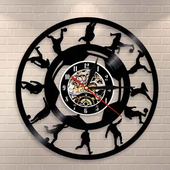 

Vintage Football Players Silhouette Vinyl Record Wall Clock Soccer Kicking Ball LP Clock Watch Soccer Sports Wall Art Decoration
