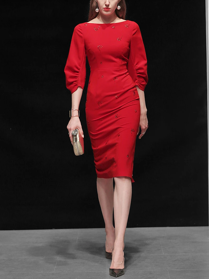 Благородная Мода осенние женские платья вырез лодочкой три четверти рукав бисер средняя талия платья пикантный облегающий офисный платье Z2401