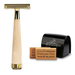 Double Edge Safety Razor Imitation Maple Wood Handle Zero Waste Reusable Safety Razor For Men&Women With 10 Shaving Blades