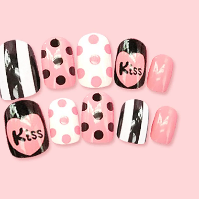 24 шт персональный дизайн ногтей DIY маникюрные украшения поддельные наклейки для ногтей в черный горошек в полоску милые маникюрные инструменты для девочек