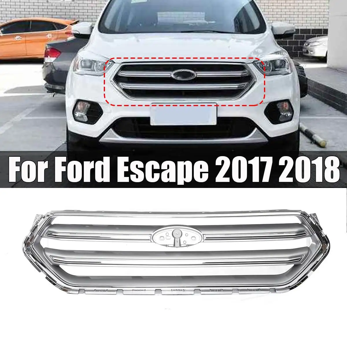 

NEW MODIFIED FRONT RACING GRILLE RAPTOR GRILLS FRONT BUMPER Silver Chrome MASK FIT For Ford Escape 2017 2018