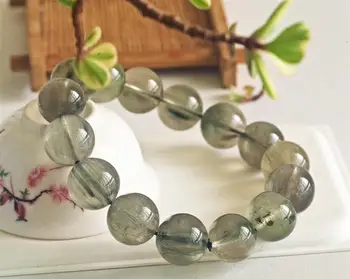 

14.8mm Top Natural Green Hair Rutilated Quartz Bracelet For Woman Brazil Round Beads Love Crsytal Gemstone Fashion Jewelry AAAAA