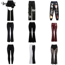 

InsDoit Gothic Black Punk Pants Women Streetwear Grunge Trousers Vintage Harajuku Patchwork Lace Pants Velvet High Waist Pants
