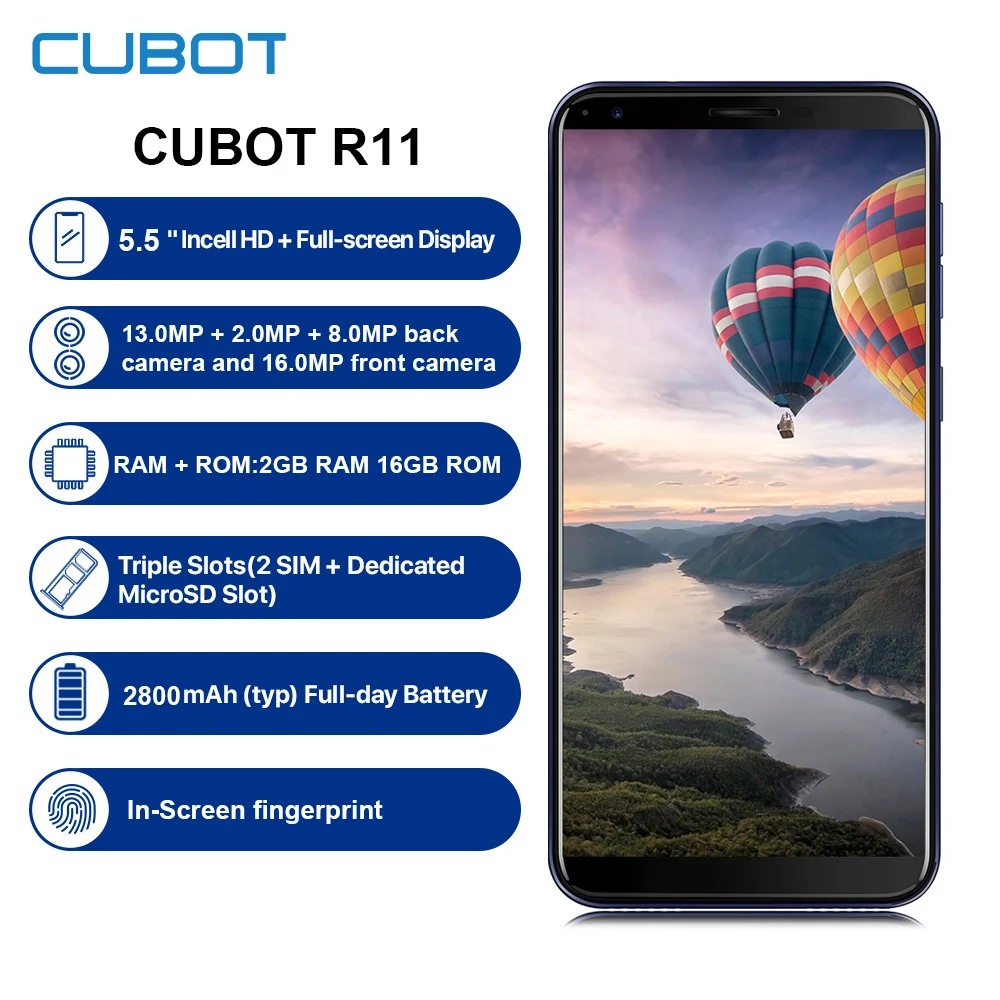 Восстановленный смартфон Cubot R11 3g 18:9 полный экран Android 8 1 2 Гб 16 5 дюйма MTK6580