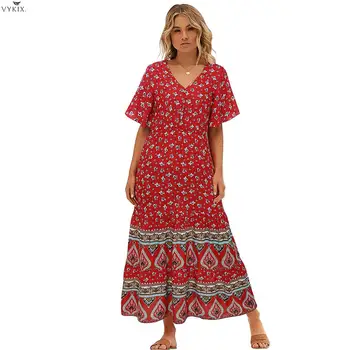 

2020 New Spring Summer Maxi Dress Women V-neck Short Sleeve Long Dress Fashion Casual Bohemian Dress Beach Loose Bandage Dress