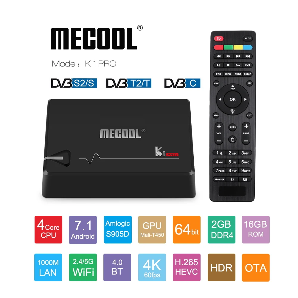 

MECOOL KI PRO Android 7.1 TV Box DVB T2 S2 C Decoder Amlogic S905D Quad Core 1000M BT4.1 2G/16G K1 Pro Smart TVBOX Set top box