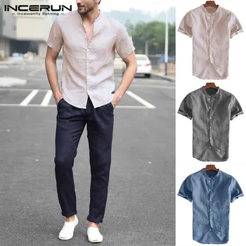 

2020 Fashion Short Sleeve Men Shirt Stand Collar Streetwear Solid Color Blouse Camisa Masculina Men Casual Brand Shirts INCERUN