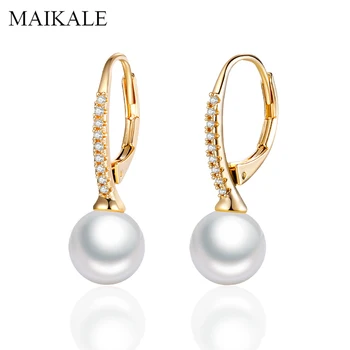 

MAIKALE New Simple Gold Inlay Cubic Zirconia Dangle Long Earrings Hanging Pearl Drop Earrings for Women Jewelry Brincos