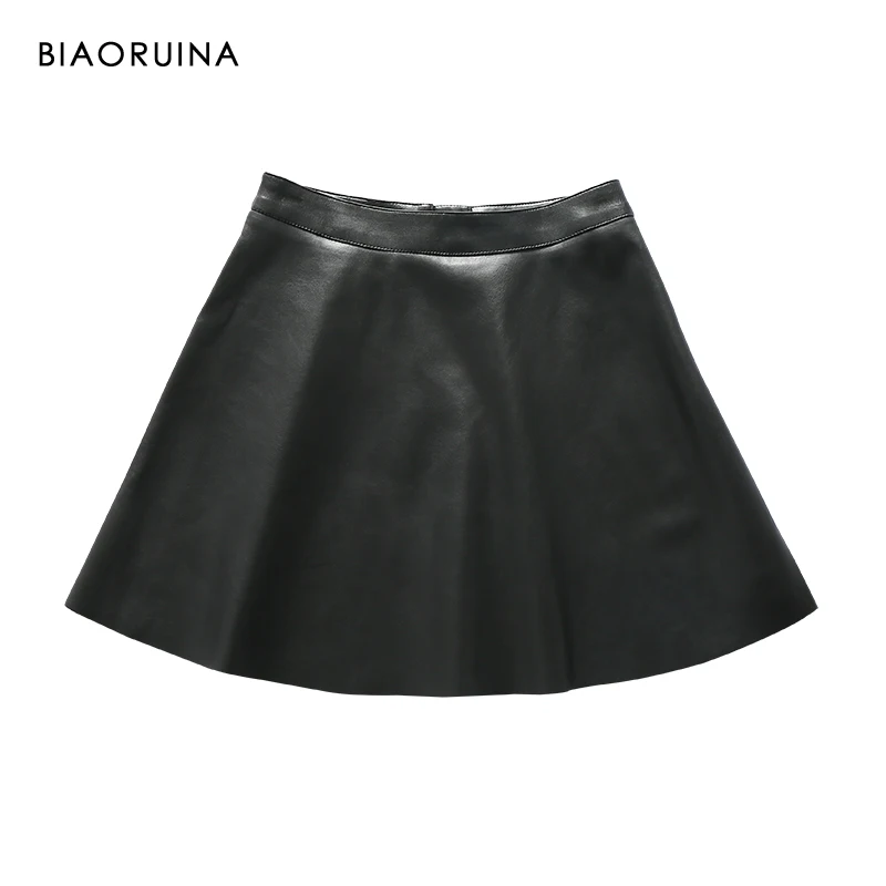 

BIAORUINA Women's PU Black Vintage A-line Mini Skirt Zippers Female High Waist Fashion Skirt Girls Streetwear
