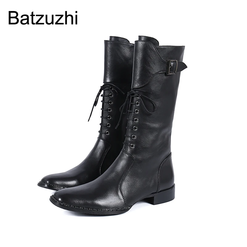 Batzuzhi Men's Boots Western Cowboy Pointed Toe Black Genuine Leather Medium Calf Boots Men Motorcycle Lace-up Buckles, EU38-46