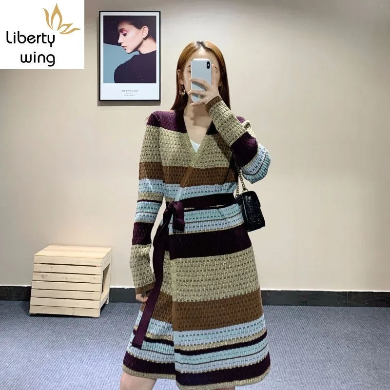 

Autumn Winter Elegant Stripe Mixed Color Womens Knitting Long Sleeve Lace Up Waist V-Neck Female Medium Length Dresses