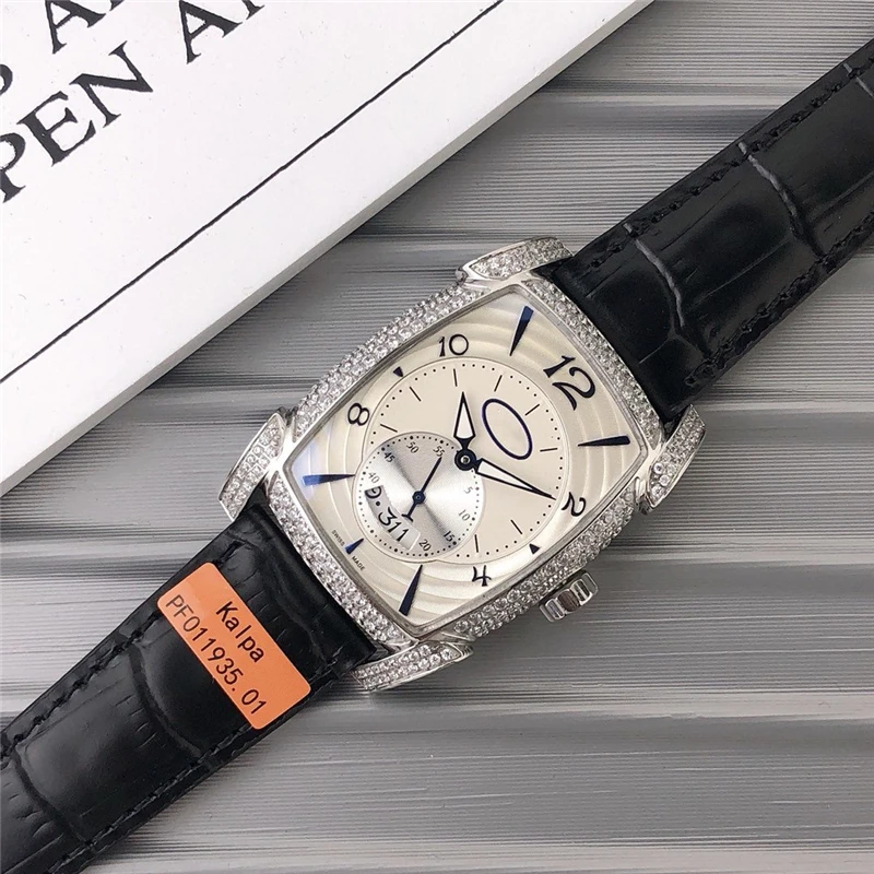 

brand P rectangle mechanical watch 904L stainless CNC grinding luminous genuine leather band hollow dial gem luxury watch man
