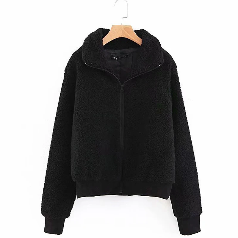 RR Stand Collar Coats Women Fashion Thick Faux Lamb Fur Jackets Women Elegant Zipper Long Sleeve Coats Female Ladies JW - Цвет: XZFF2593 Black