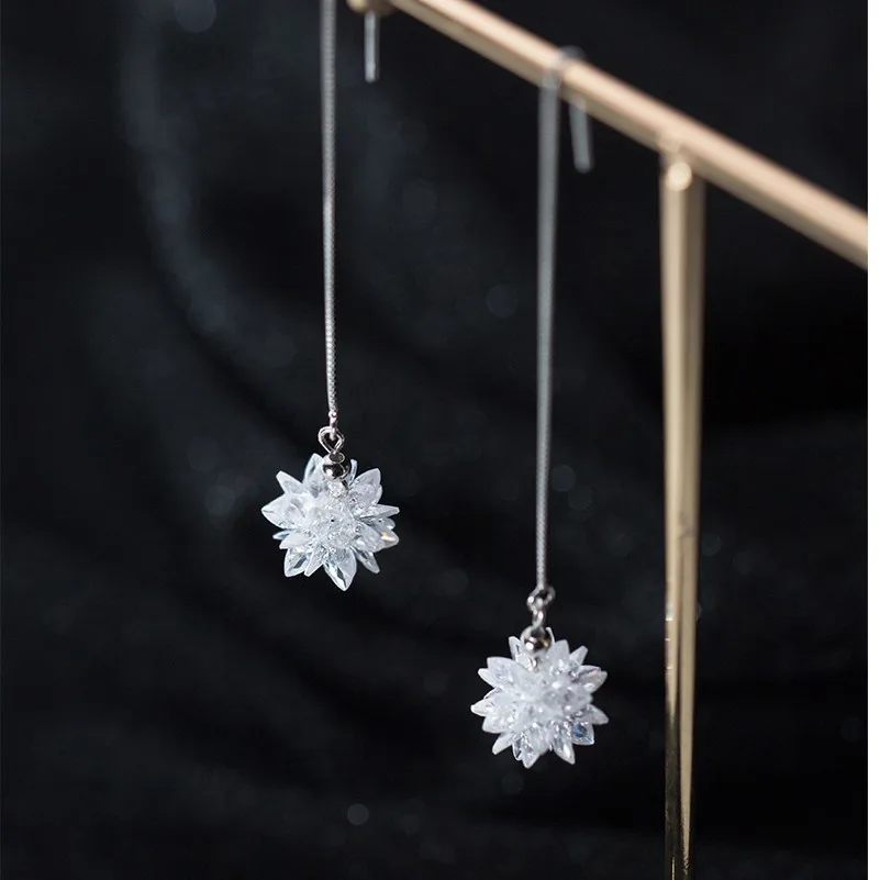 925 Sterling Silver Crystal Ice Flower Ear Threads Statement Gold Color Plated Long Chain Dangle Drop Earrings for Women | Украшения и