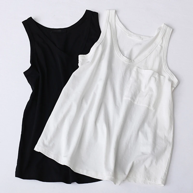 

Spring V Neck Vest Top For Women Patchwork Pocket Loose Slim Female Tank Vests 2019 Fashion Casual Clothing