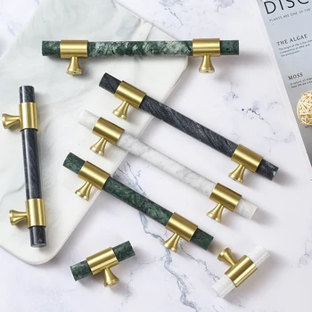 

Natural Marble/Crystal + brass T Bar Cabinet handle and Knobs Kitchen Cupboard Door Pulls Furniture Handle Dresser knob Hardware