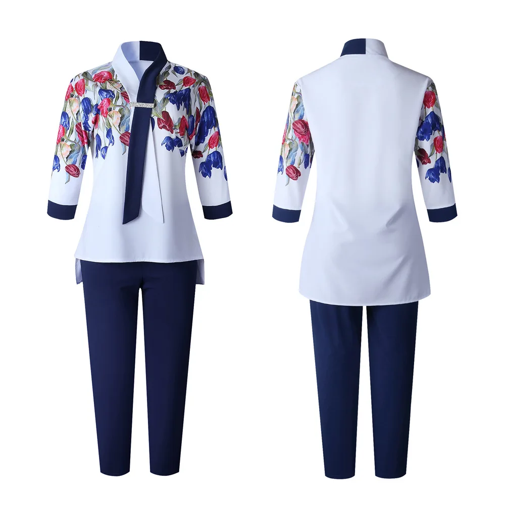 Summer 2 Piece Suit Africana Plus-size Women New Fashion Seven Quarter Sleeve Blouse Pantsuit Dashiki Office Women