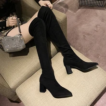 Botas de tela elástica para mujer, zapatos sexys de tacón grueso hasta la rodilla, a la moda, cómodos e informales, estilo otoñal