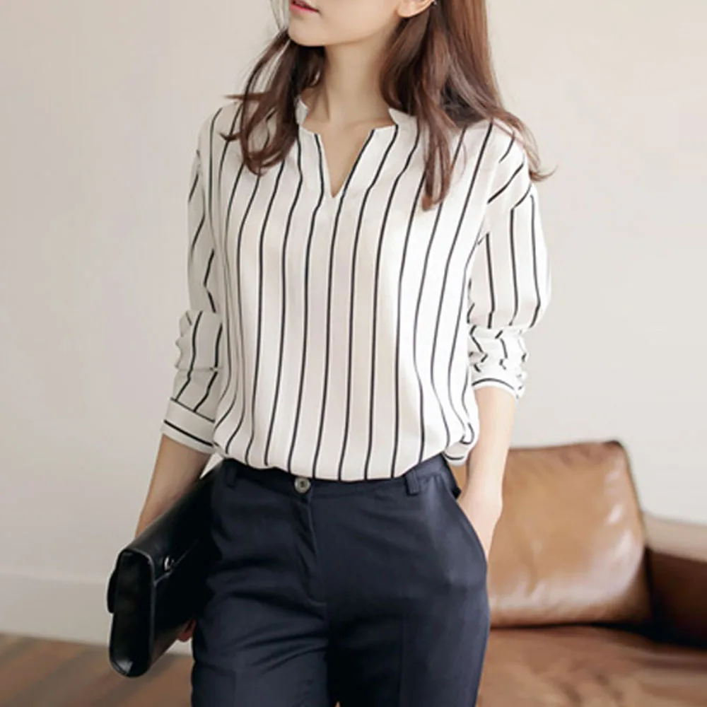 

V Neck Long Sleeve Casual Shirt Striped Office Lady Work Blouse 2020 Spring Summer New Fashion Top