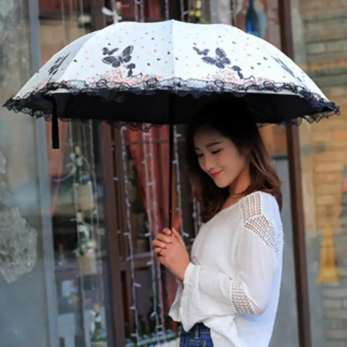 Fashion New 3 Color Three Folding Black Coating Sunscreen UV Outdoor Umbrella Floral Manual Parasol Dual Use Adults Umbrella