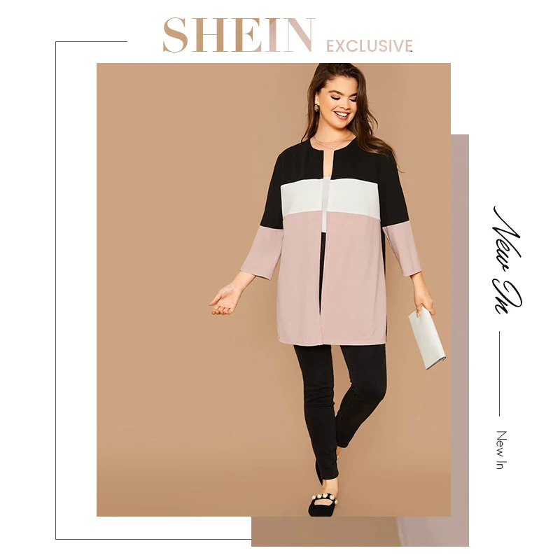 SHEIN, Женское пальто размера плюс, с вырезом и вышивкой, с открытой передней частью, осень 3/4, длина рукава, повседневная, плюс, с цветными блоками, верхняя одежда, пальто