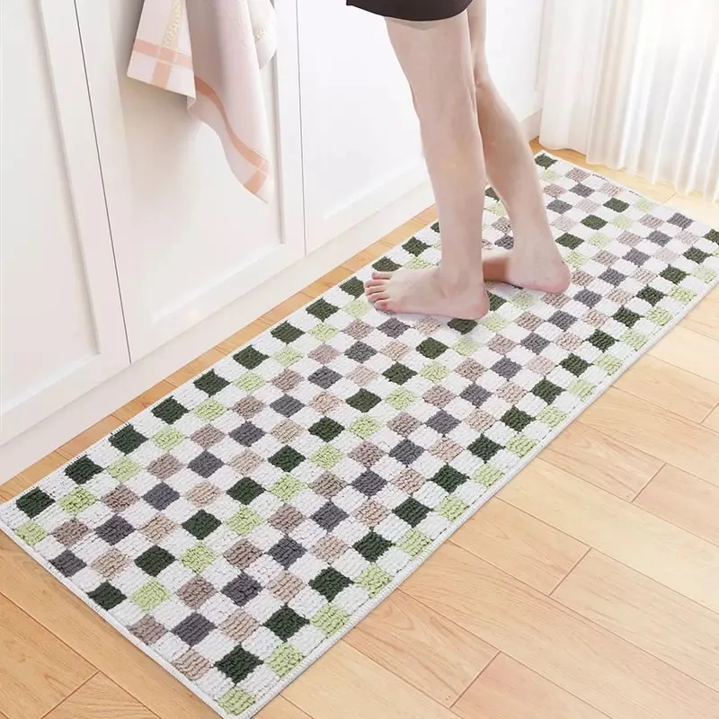 

Kitchen Rug Floor Mat Rectangle Entrance Doormat Modern Simple Plaid Style Water Absorption Anti-Slip Carpet