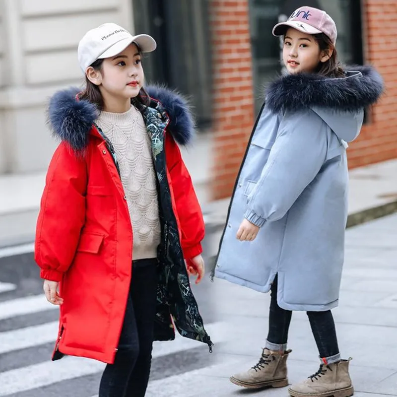 

-30 Degrees Children Winter Warm Down Jackets Both Side Wearing Girls Long Section Big Fur Hooded Outerwear Coats Kids Down