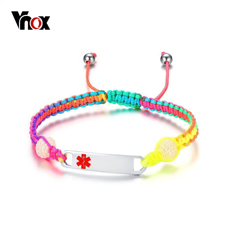 Vnox Free Engraving Girl Children Medical Bracelets ID Jewelry Stainless Steel Kid Emergency Alert Jewelry Adjustable Length
