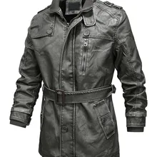 Винтажная Байкерская мотоциклетная куртка из искусственной кожи, длинная Мужская теплая флисовая Толстая осенне-зимняя повседневная куртка размера плюс 3XL 4XL